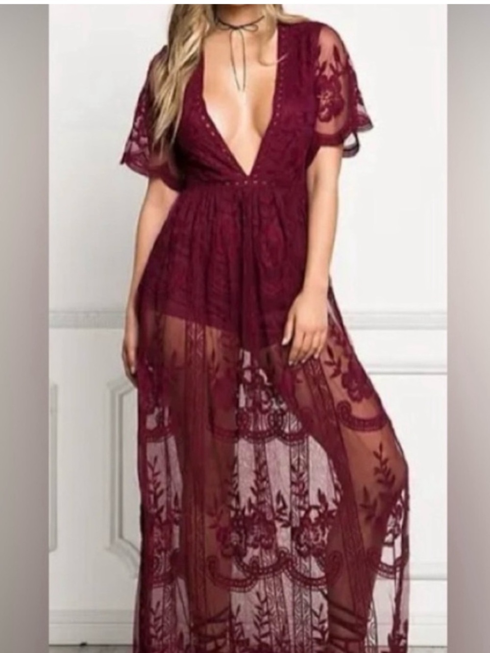 Eleter Deep V-Neck Lace Romper Maxi Dress Slits Burgundy Whimsygoth  Boho Small